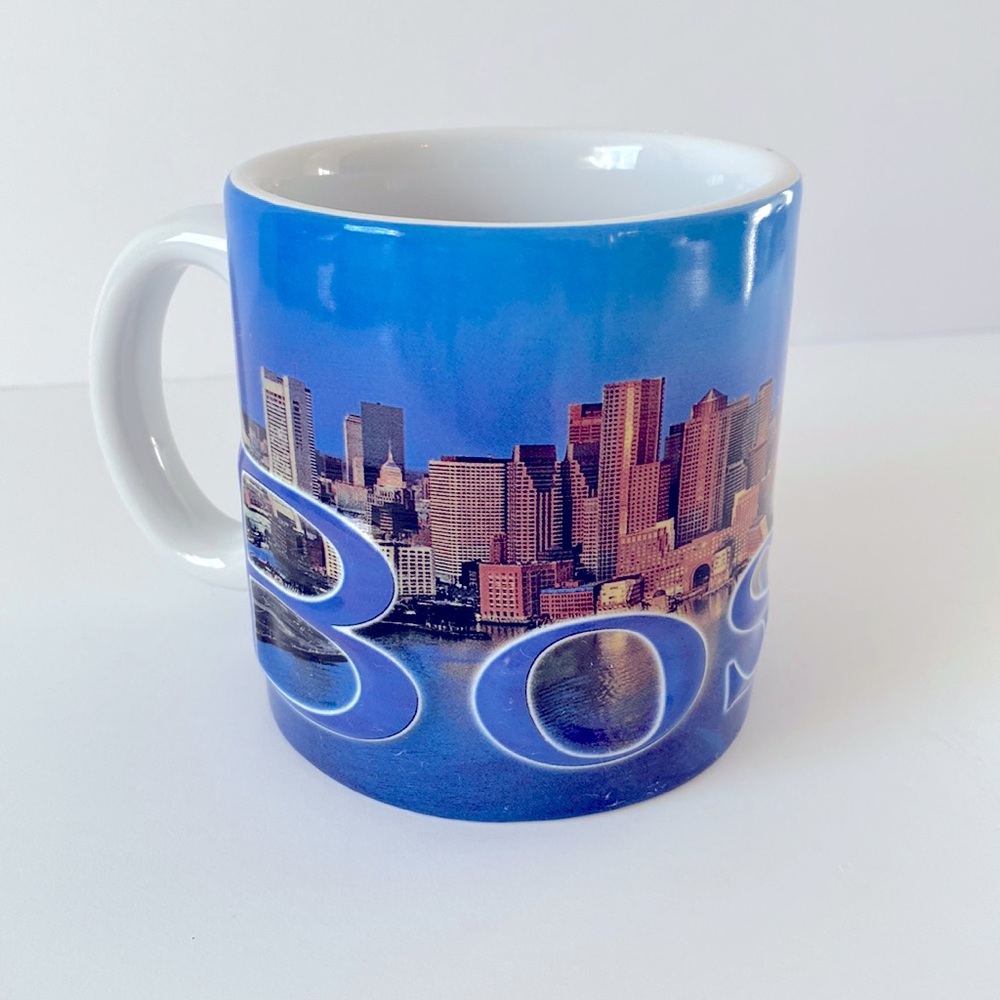 Boston Ceramic Mug Cup Coffee Tea Raised Letters Boston Downtown Skyline Blue